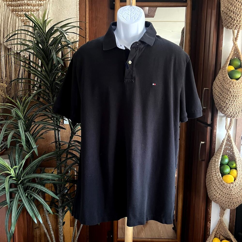 Tommy Hilfiger Black Polo Shirt Mens XL Flag Logo 100% Cotton Short Sleeve